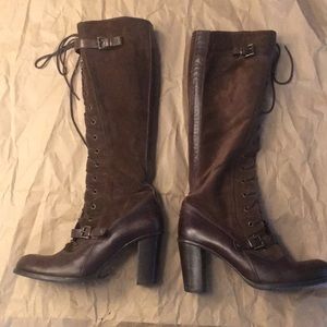 Brown suede boots with tall heel